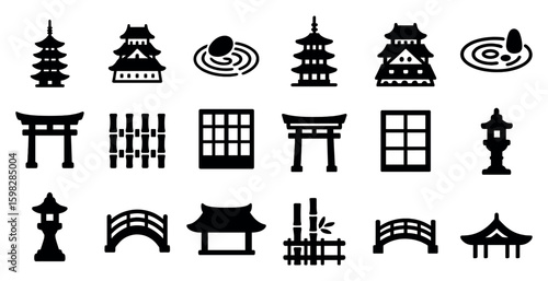 Japanese culture solid icons set – filled, traditional, architecture symbols