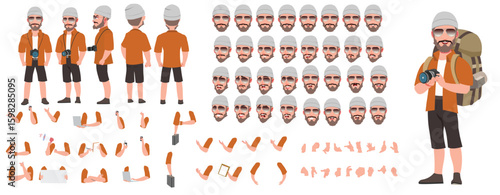 Traveler character model sheet, Character poses, expressions, Walk cycle, Run cycle animated character sequences.
