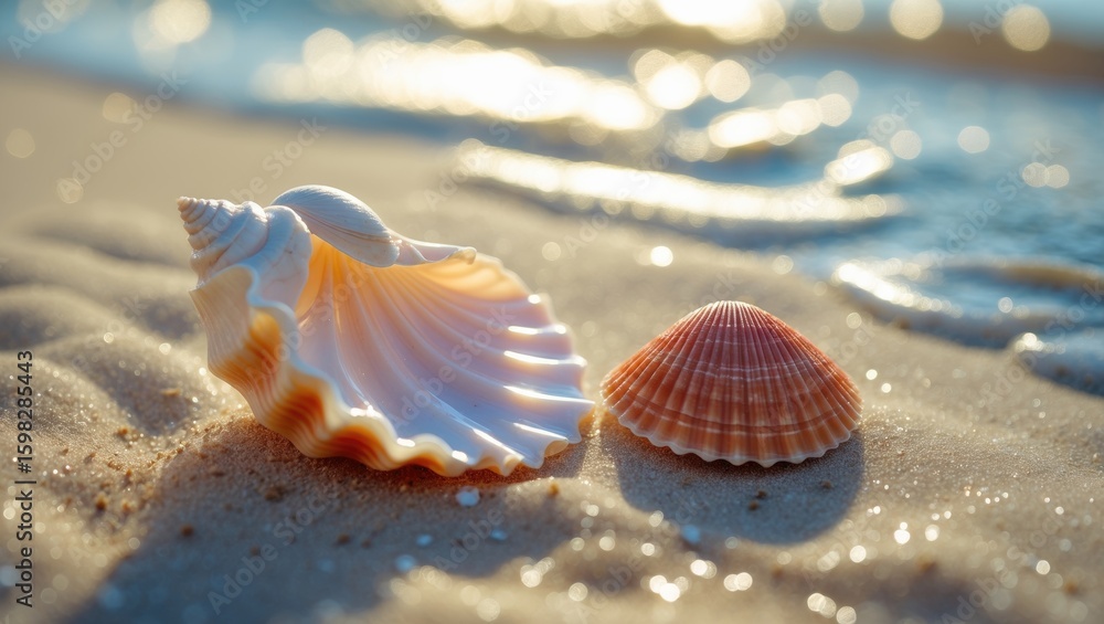Shells on the sandy beach with water in the background, close-up, natural light. Shells on the sandy beach with water in the background, close-up, natural light.
