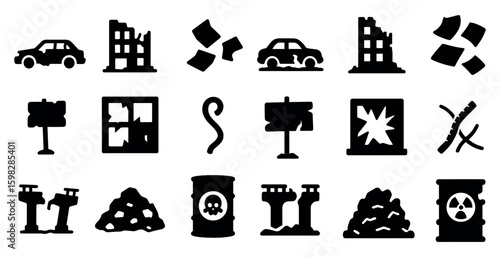 Post-apocalyptic silhouette icons set – filled, solid, disaster and survival symbols