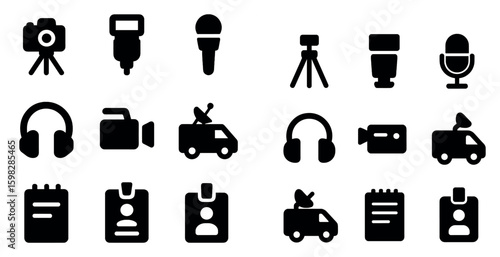 Photography equipment silhouette icons set – solid, filled, camera gear symbols