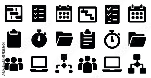 Project management solid icons set – task, team, deadline symbols