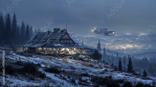 Fototapeta Naklejka Na Ścianę i Meble -  Bieszczady Beskidy winter landscape in the mountains inn home spaceship | dejco.art