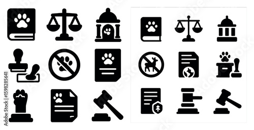 Animal law silhouette icons set – legal, pet rights, justice symbols