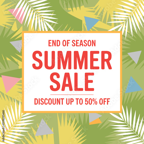 End of Season Summer Sale Promotional Banner with Tropical Leaf and Discount Offer up to 50% off for a Vibrant Feel