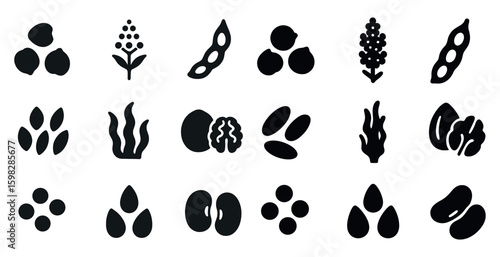 Plant-based foods solid icons set – vegan, vegetarian, healthy eating symbols