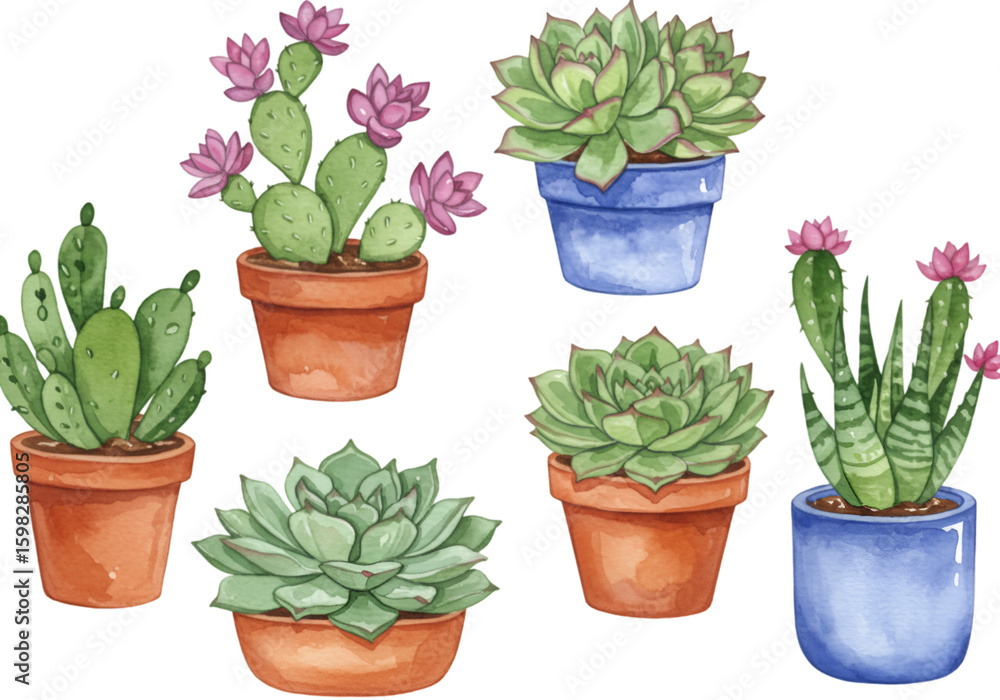 Fototapeta premium Watercolor Illustration of Potted Succulents and Cacti
