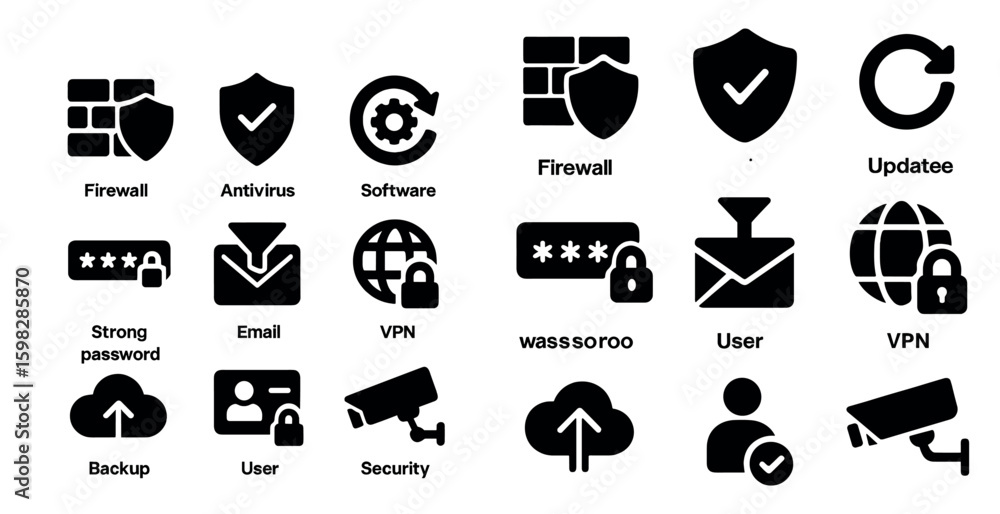 Obraz premium Cybersecurity solid icons set – flat, filled, firewall and protection symbols