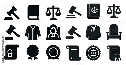 Legal and justice solid icons set – filled, court, law and order symbols