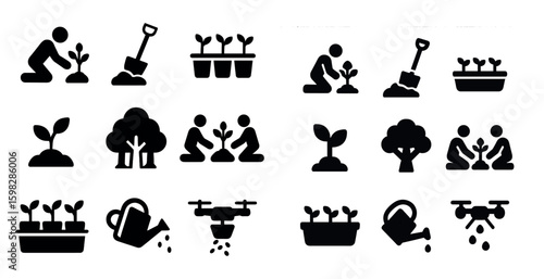 Gardening and plant solid icons set – filled, landscaping, horticulture symbols