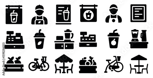 Beverage and café silhouette icons set – solid, filled, drink and coffee symbols