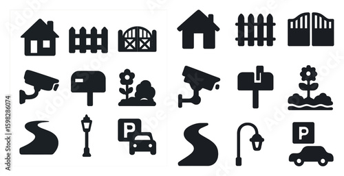Home and garden solid icons set – filled, security, outdoor decoration symbols