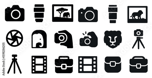 Photography solid icons set – filled, camera, photo equipment designs