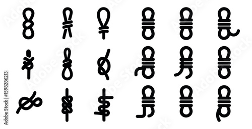 Rope and knot silhouette icons set – line, outline, tying and binding symbols