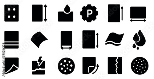 Laundry and fabric care solid icons set – washing, drying, cleaning symbols