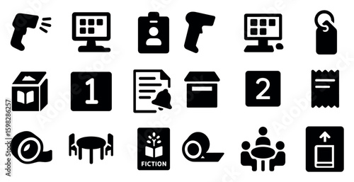 Inventory management solid icons set – warehouse, shipping, logistics symbols