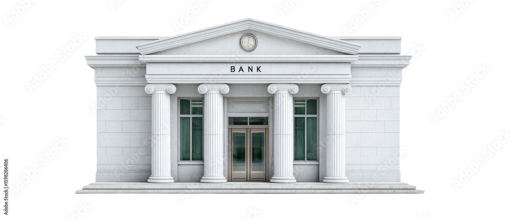 Naklejka premium A classical bank building with four large columns, a triangular pediment, and a central entrance marked by the word 