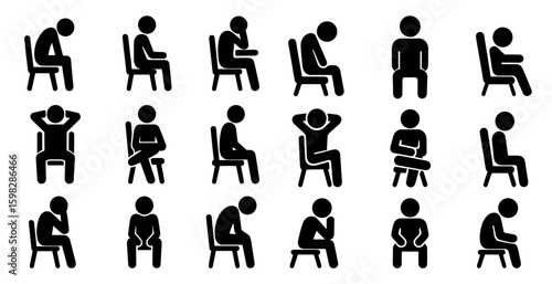Sitting positions silhouette icons set – solid, outline, posture and seating symbols