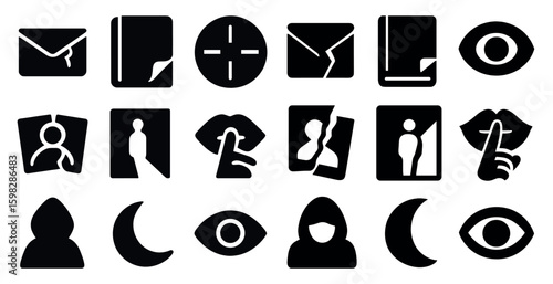 Privacy and security solid icons set – filled, silhouette, protection and confidentiality symbols