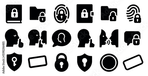 Security and privacy solid icons set – filled, protection, lock and safety symbols