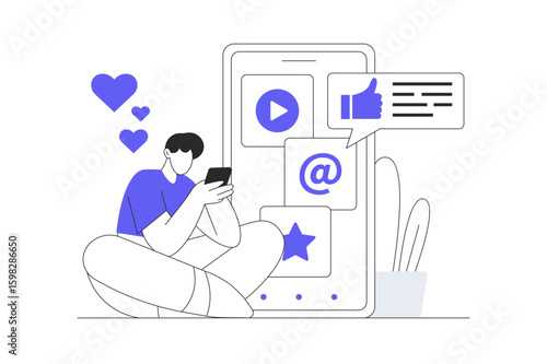 Social media marketing web concept. Man making posts with online promotion, getting followers, analyzing statistics. Flat Cartoon Vector Illustration, icon. Stylish abstract design landing page