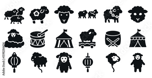 Agriculture and livestock silhouette icons set – farming, sheep, animal husbandry symbols
