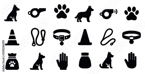 Dog training solid icons set – silhouette, filled, pet obedience graphics