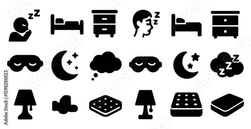 Sleep and night silhouette icons set – dreaming, bedtime, night symbols