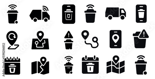 Waste management icons set – solid, filled, recycling and sanitation symbols