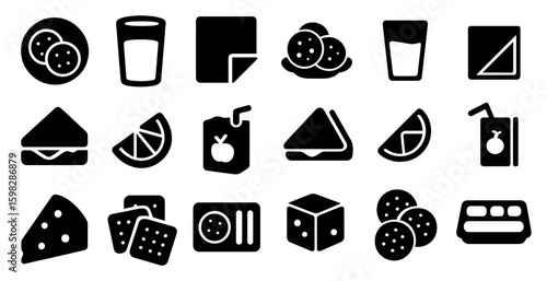 Food and drink solid icons set – filled, silhouette, cuisine and snack symbols
