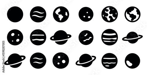 Space exploration icons set – silhouette, filled, planetary and cosmic symbols