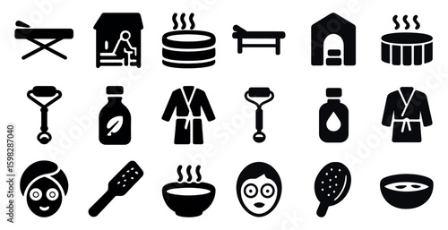 Wellness and spa solid icons set – filled, relaxation, health symbols