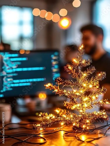 Festive Table with Christmas Tree and Computer Code Background