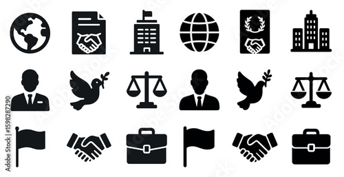 Business and diplomacy silhouette icons set – corporate, professional, global symbols