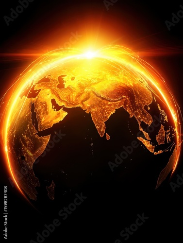 Bright Orange Sunrise Over Earth Globe with Light Effects