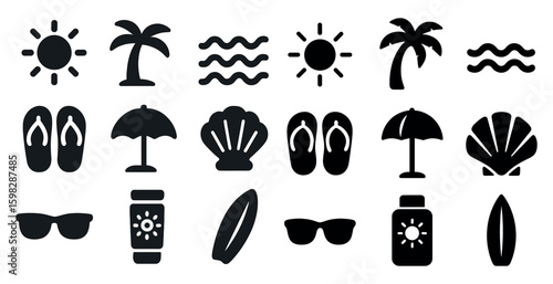 Vacation and beach solid icons set – filled, flat, travel and leisure symbols