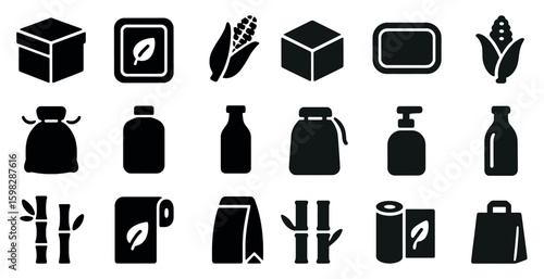 Eco-friendly packaging solid icons set – sustainable, green, recyclable symbols