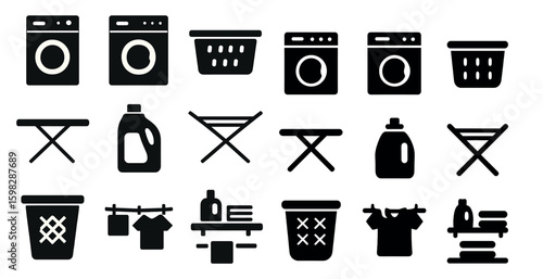 Laundry and cleaning icons set – solid, filled, housekeeping and detergent symbols
