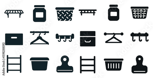 Home organization solid icons set – storage, tidy, declutter symbols