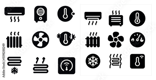 Heating and cooling solid icons set – hvac, temperature, system symbols