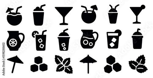 Summer drinks silhouette icons set – cocktails, beverages, and refreshment symbols