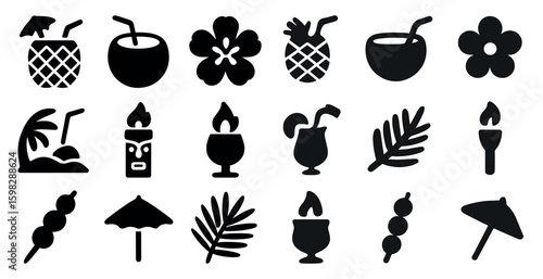 Tropical vacation solid icons set – flat, filled, holiday and paradise symbols