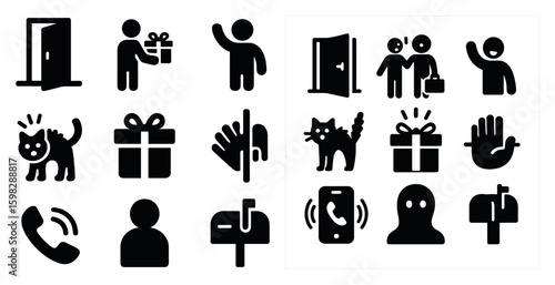 Communication and interaction solid icons set – filled, flat, contact symbols