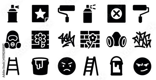 Graffiti and street art solid icons set – filled, urban, spray paint symbols