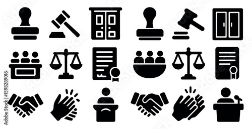 Justice and law solid icons set – filled, court, legal symbols for authority