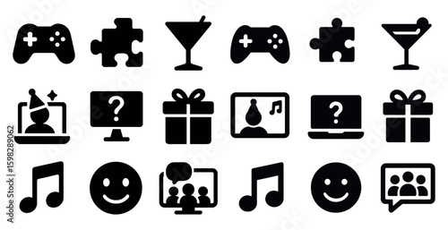 Gaming and entertainment solid icons set – puzzle, party, music symbols