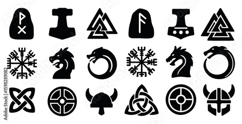 Viking silhouette icons set – nordic, norseware, historical symbols for heritage projects
