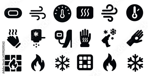 Heating and cooling solid icons set – hvac, temperature, air conditioning symbols