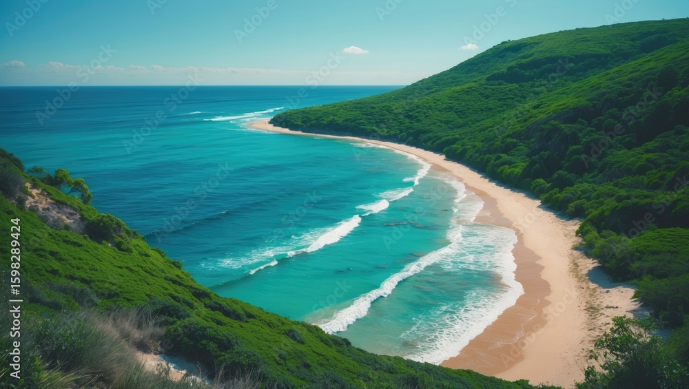 Obraz premium A coastal landscape with a sandy beach, turquoise waves, and green hills under a clear sky.