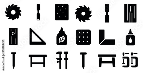 Woodworking solid icons set – tools, diy, carpentry and crafting symbols